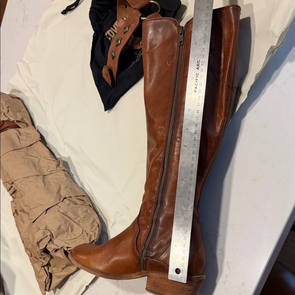 Frye Brown Leather Harness Heeled Riding Boots - Picture 4 of 8